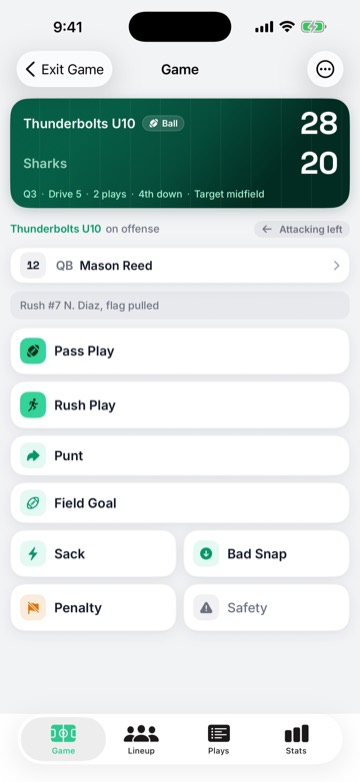 The Game tab while scoring, with Pass Play and Rush Play buttons