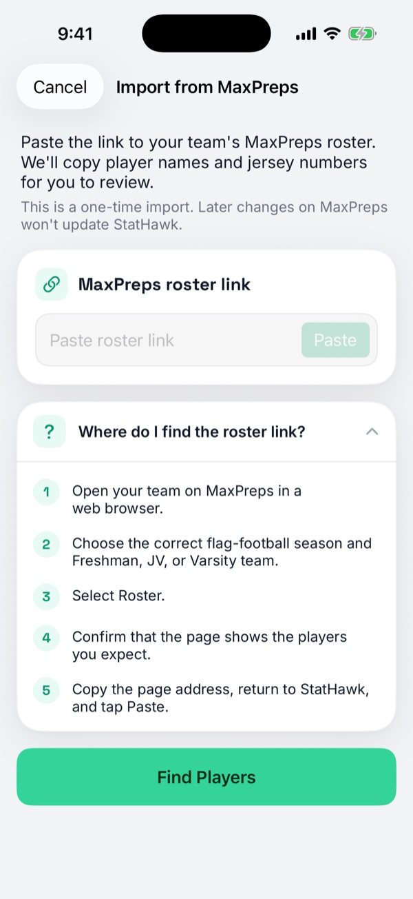 Import from MaxPreps with the roster link steps