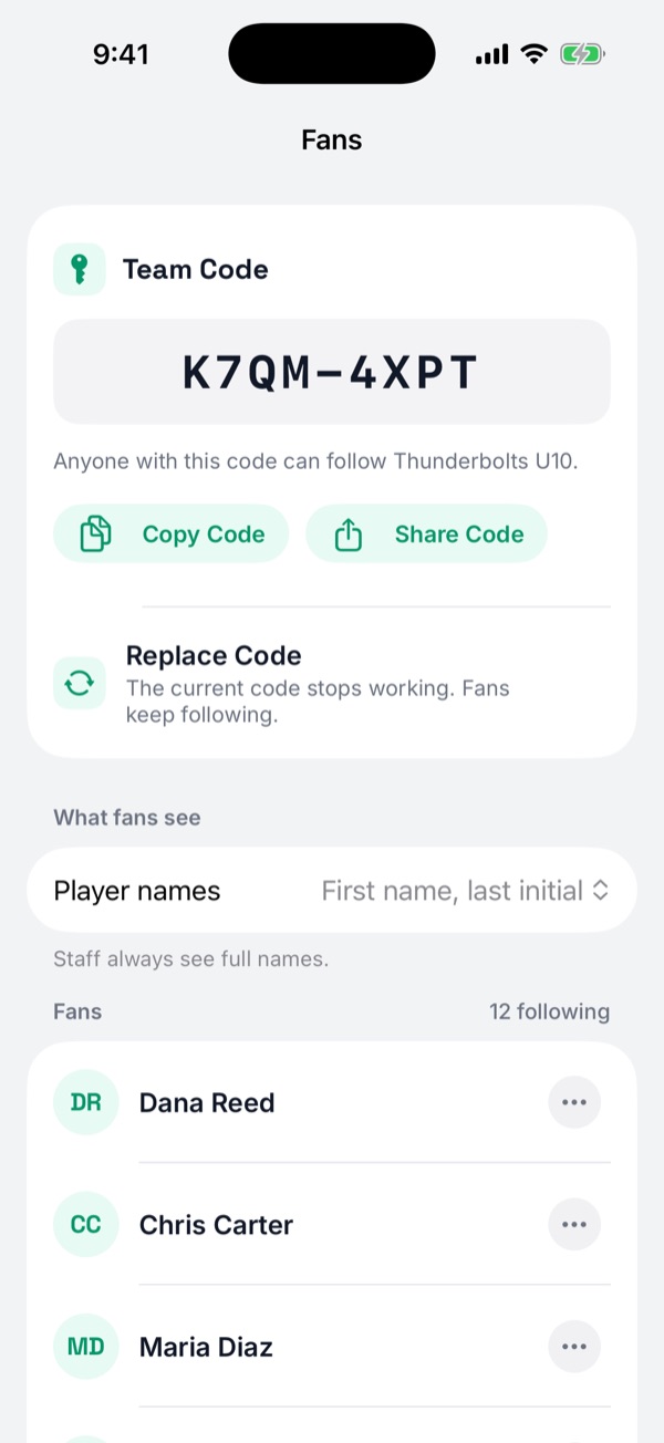 The Fans screen with the team code, Copy Code and Share Code