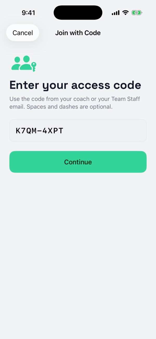 The Join with Code screen with a code entered